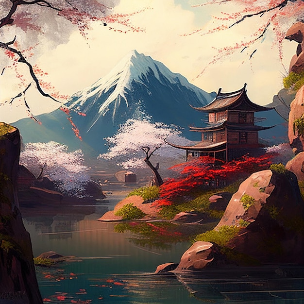 painting of a mountain scene with a lake and a pagoda generative ai