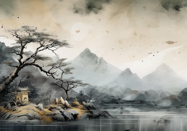 painting of a mountain scene with a lake and a tree generative ai