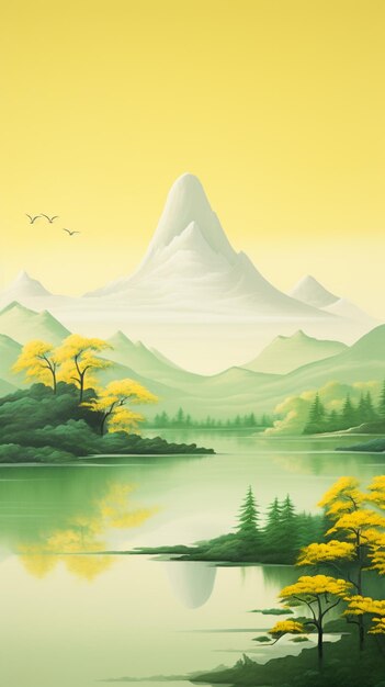 호수와 나무 생성 AI가 있는 산 풍경 그림
