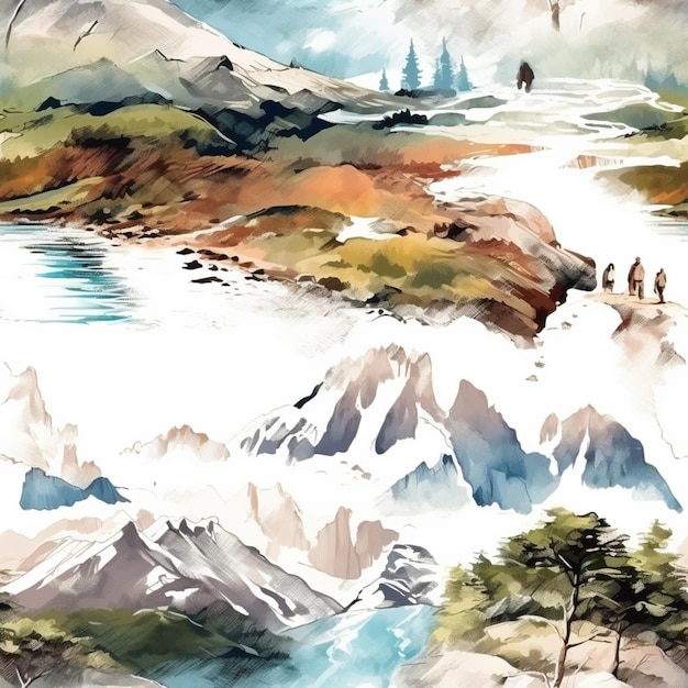 painting of a mountain scene with people walking on a path generative ai