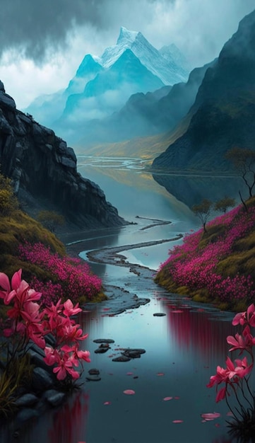 Painting of a mountain scene with river and in the background generative ai