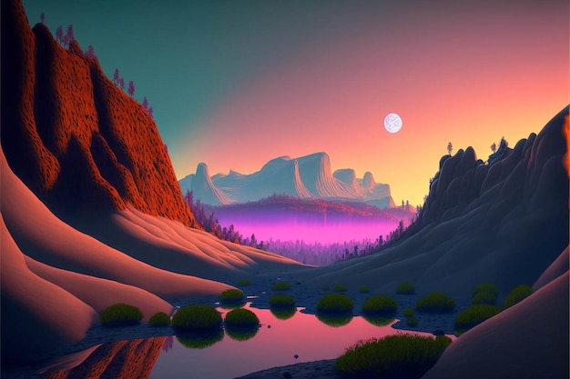 Painting of a mountain scene with a river in the foreground generative ai