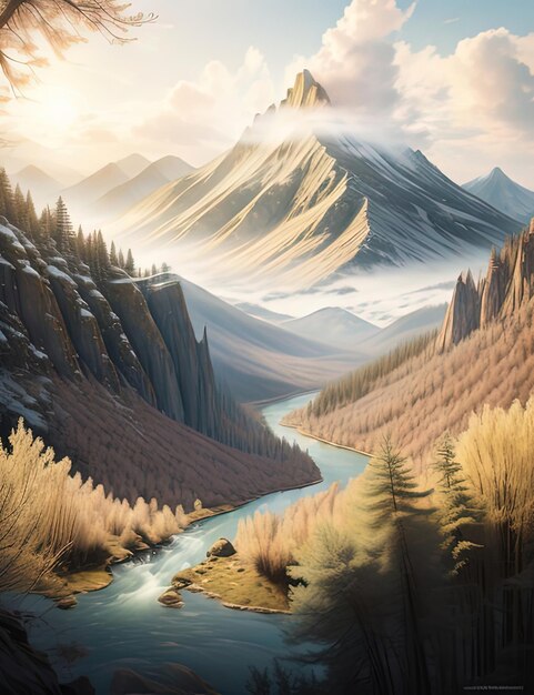 рисунок горной сцены с рекой и горой на расстоянии