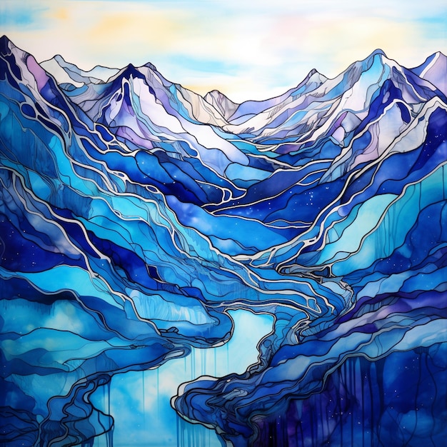 Painting of a mountain scene with a river and a sky generative ai