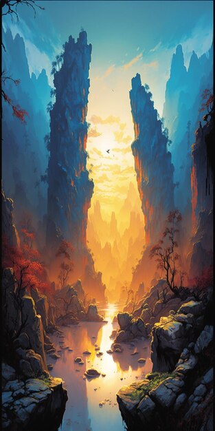 Painting of a mountain scene with river and sunset generative ai