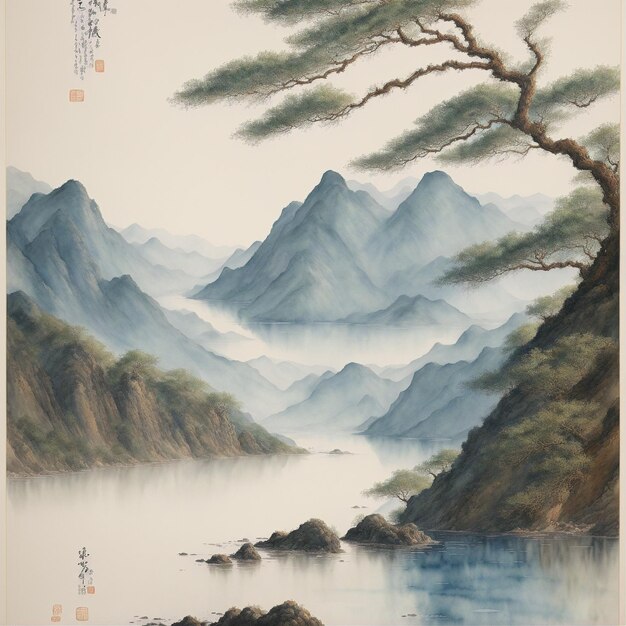 painting of a mountain scene with a river and a tree