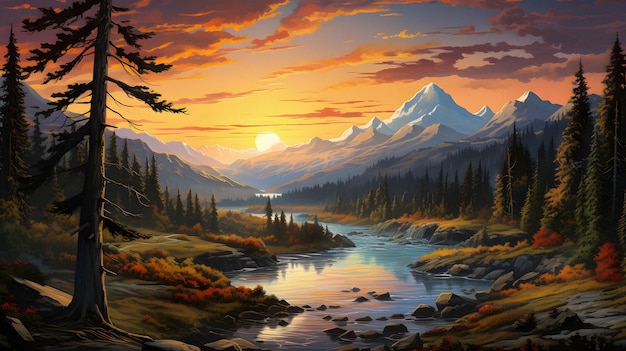 painting of a mountain scene with a river and trees Generative AI