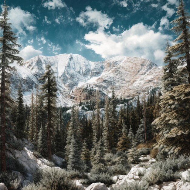 Painting of a mountain scene with a river and trees generative ai