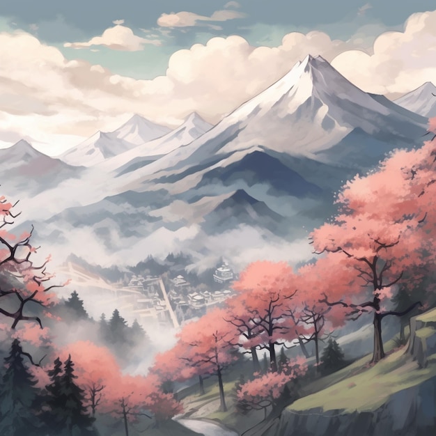 painting of a mountain scene with a road and trees in the foreground generative ai