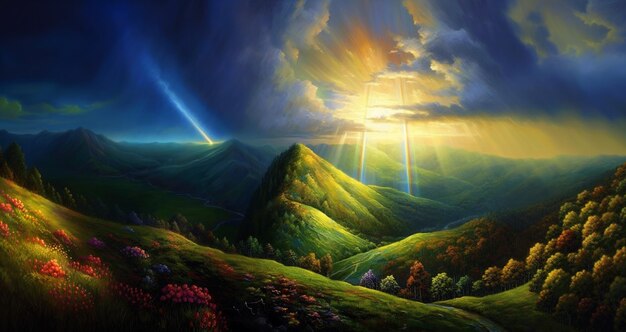 painting of a mountain scene with a sun shining over the hills generative ai