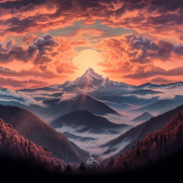 Painting of a mountain scene with a sunset and a river generative ai