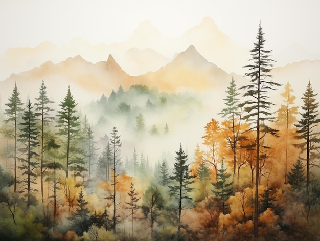 painting of a mountain scene with trees and fog in the background generative ai