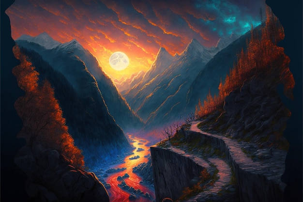 Painting of a mountain scene with winding path leading to valley generative ai