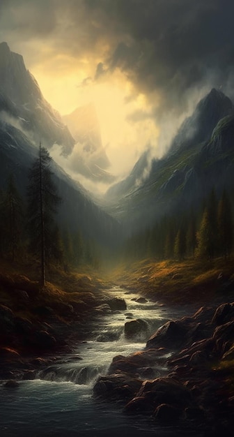 painting of a mountain stream in a valley with a mountain in the background generative ai