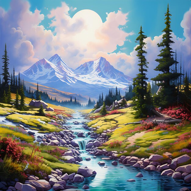 A painting of Mountain Summer Lake in the Beautiful background