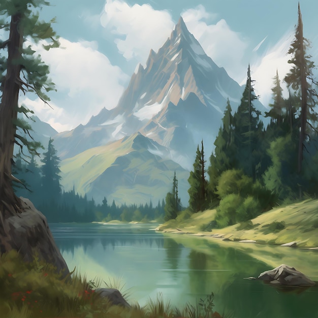 A painting of Mountain Summer Lake in the Beautiful background