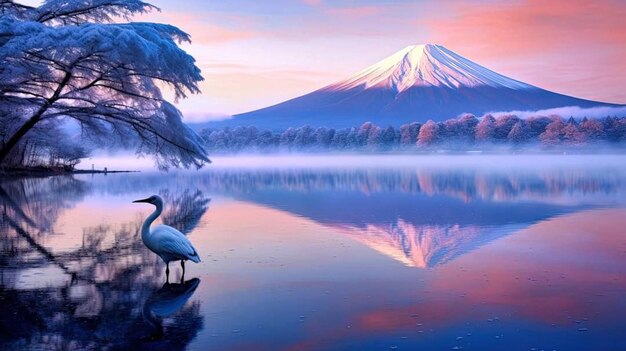 富士山に描かれた山と二羽の白鳥の絵。富士 | Premium AI生成画像 富士山に描かれた山と二羽の白鳥の絵。富士 | Premium AI生成画像