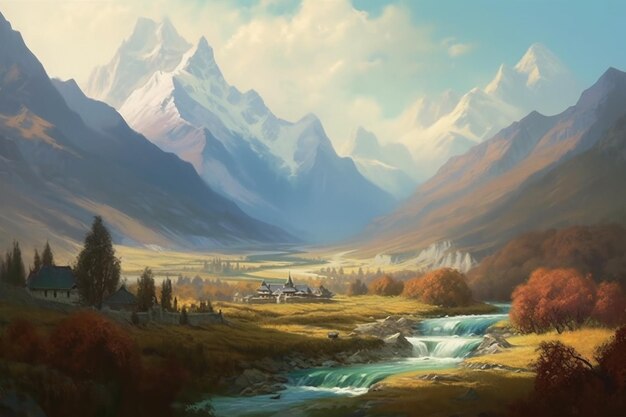 Painting of a mountain valley with a river running through it generative ai