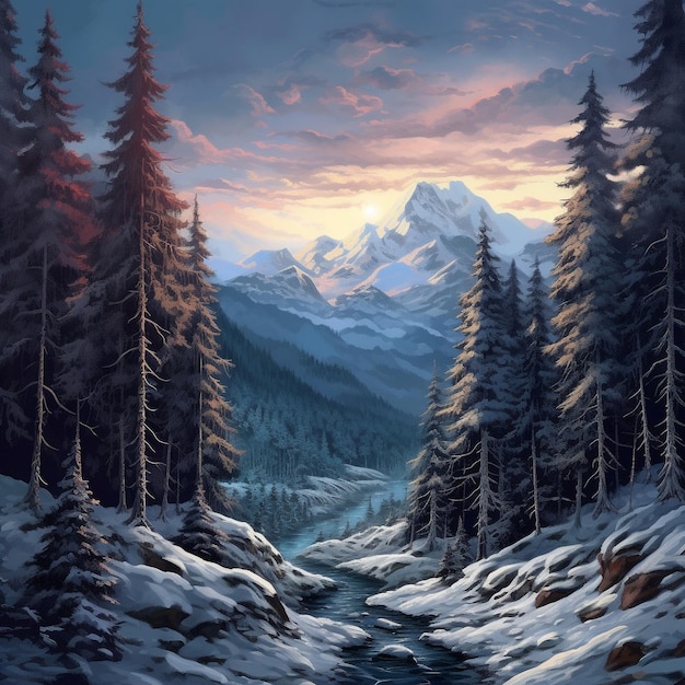 눈으로 인 나무와 산을 배경으로 한 산 계곡의 그림