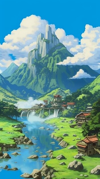 A painting of a mountain with a castle in the background.