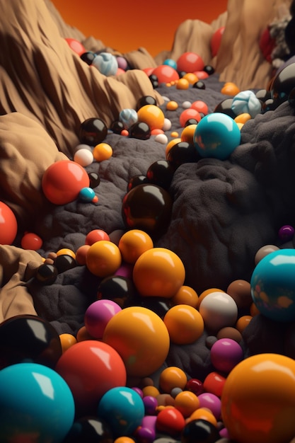 A painting of a mountain with colorful balls on it