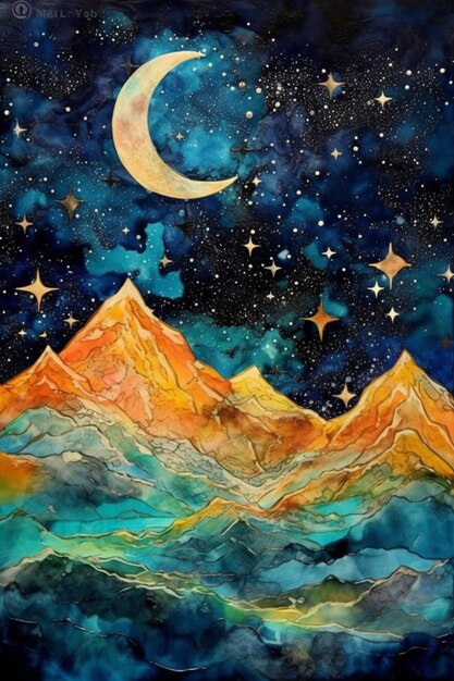 Painting of a mountain with a crescent and stars in the sky generative ai