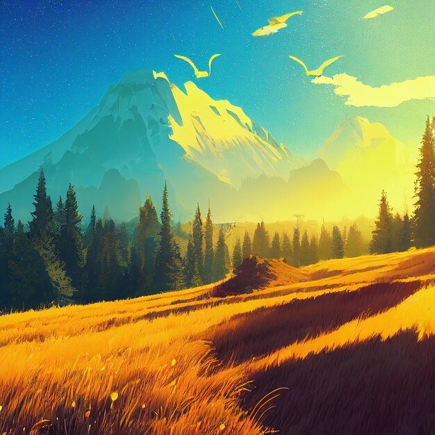 Painting of a mountain with a field of grass and trees generative ai