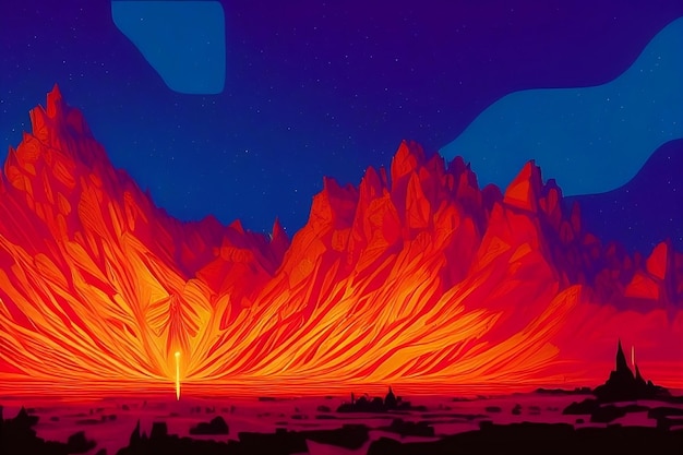 A painting of a mountain with a fire on it