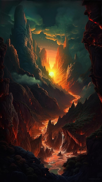 A painting of a mountain with a fire in the sky