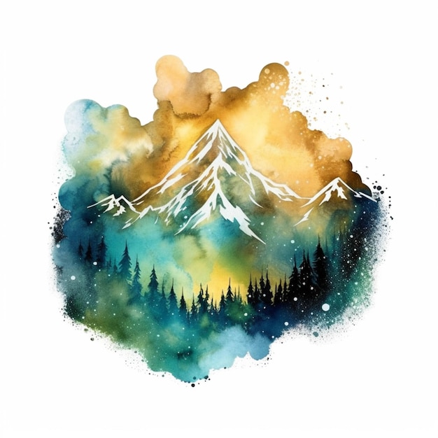 A painting of a mountain with a forest and clouds generative ai