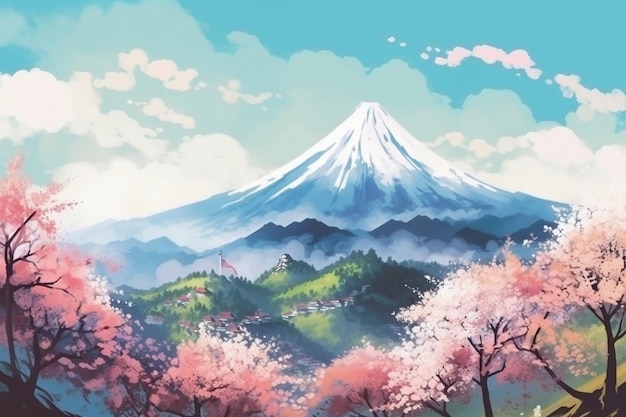 森と家を前面に描いた山の絵