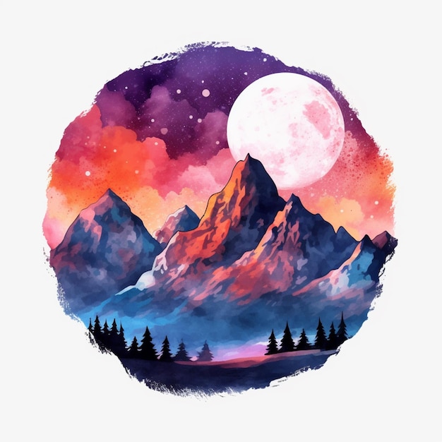 a painting of a mountain with a full moon in the background generative ai