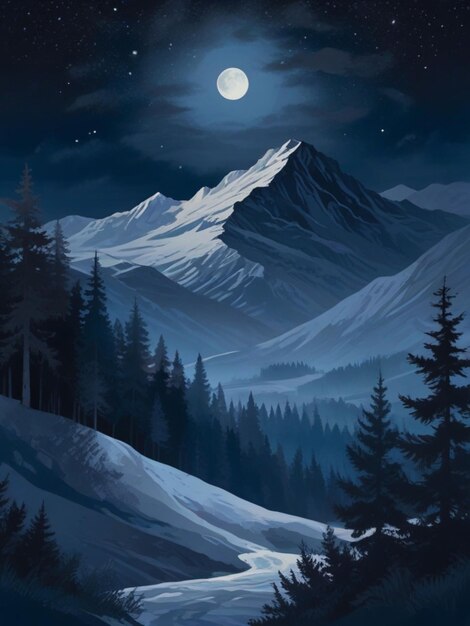 Photo a painting of a mountain with a full moon in the background