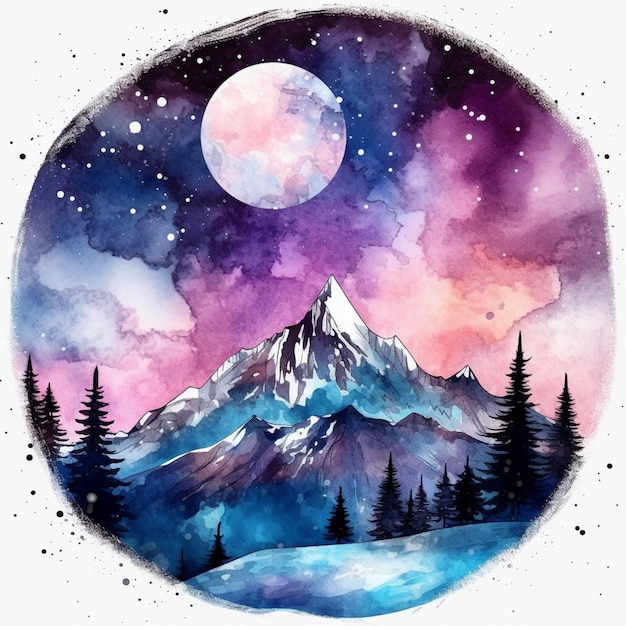 a painting of a mountain with a full moon in the sky generative ai