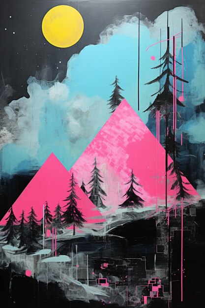 Painting of a mountain with a full moon and trees in the background generative ai