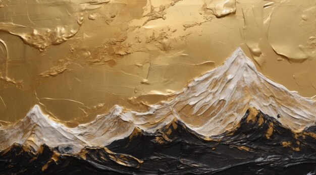 Painting of a mountain with gold paint and black and white paint generative ai