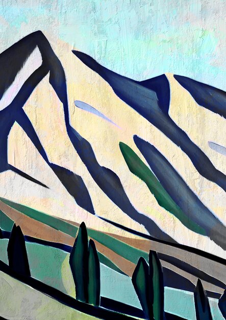 A painting of a mountain with a green tree on it