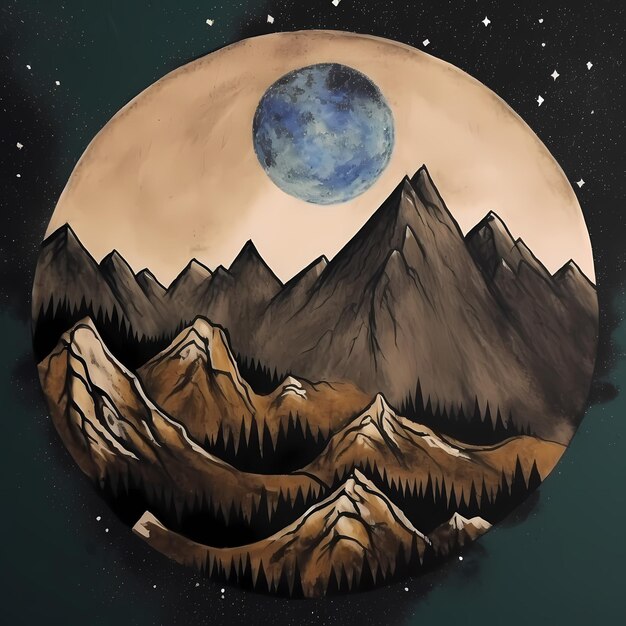 Painting of a mountain with a halfmoon and stars