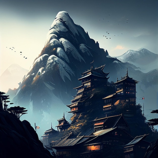 A painting of a mountain with a japanese castle in the background.