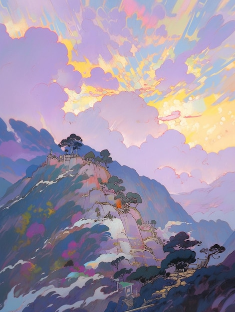 Painting of a mountain with a ladder leading up to a tree covered hill generative ai