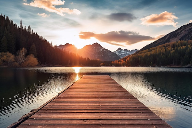 Photo a painting of a mountain with a lake and mountains in the background