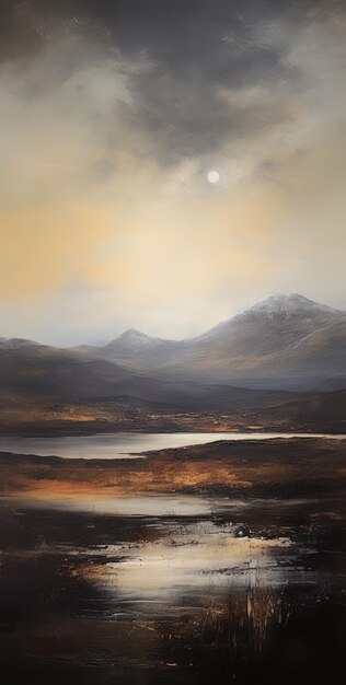 a painting of a mountain with a lake and the sun shining on it