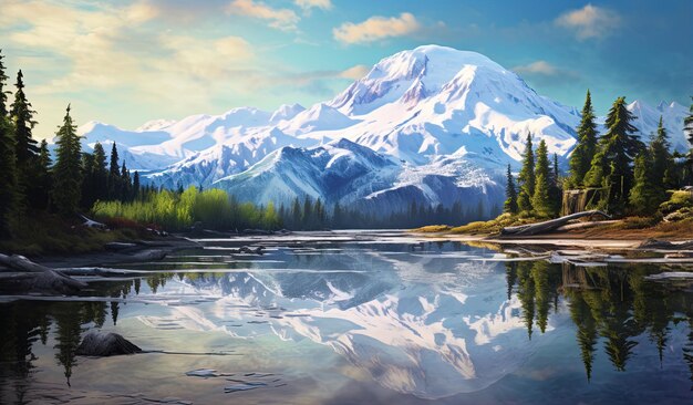 a painting of a mountain with a lake and trees in the background