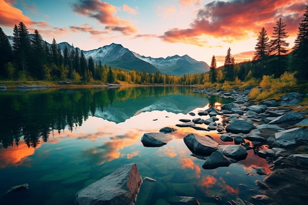 Photo a painting of a mountain with a lake and trees in the background