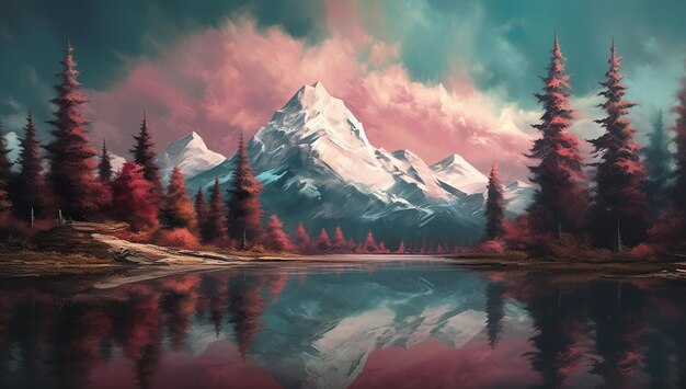 painting of a mountain with a lake and trees in the foreground generative ai