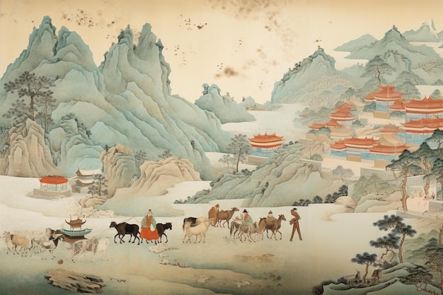 a painting of a mountain with a man and horses.