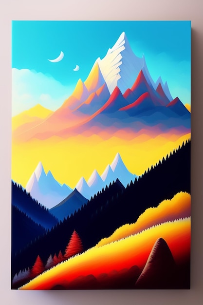 A painting of a mountain with a moon on the top