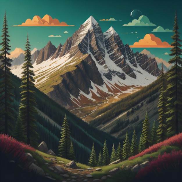 A painting of a mountain with a mountain in the background.