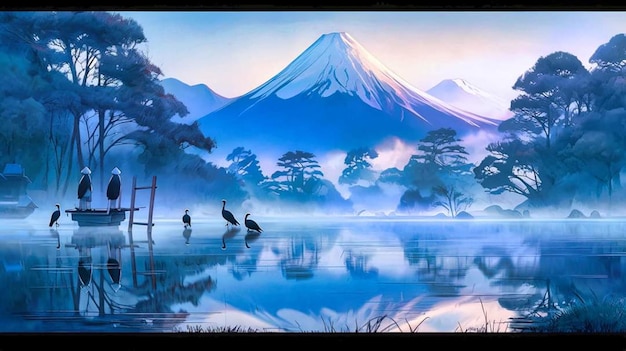 A painting of a mountain with a mountain in the background