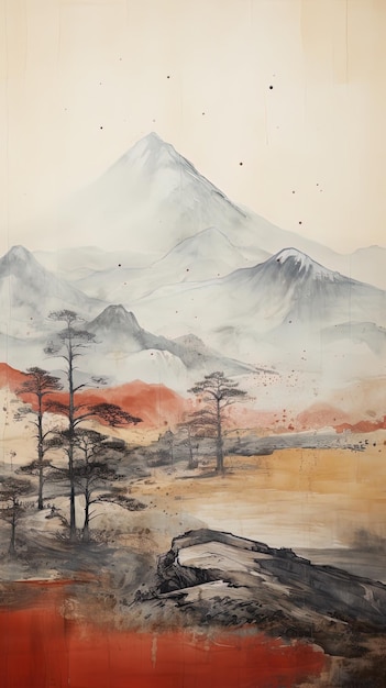 a painting of a mountain with a mountain in the background